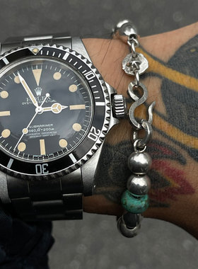 银珠手打鱼钩扣复古全银五星手链