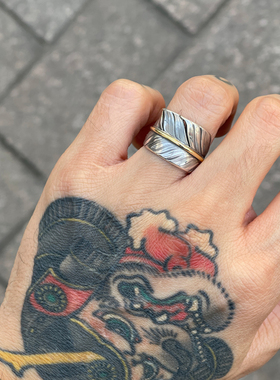 Cholos 日本手打 细腻自然 18K 金双面金梗复古羽毛银戒指
