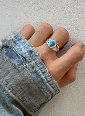 橄榄枝天然松石复古全银戒指