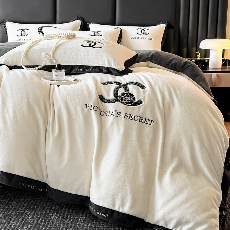 欧式轻奢牛奶绒四件套加厚保暖冬季刺绣被套床单床笠高级感简约,淘宝优惠券,粉丝福利购,淘宝优惠卷