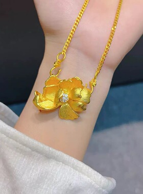沙金饰品拉丝镶钻牡丹花吊坠女小众设计感仿真金项链首饰品锁骨链