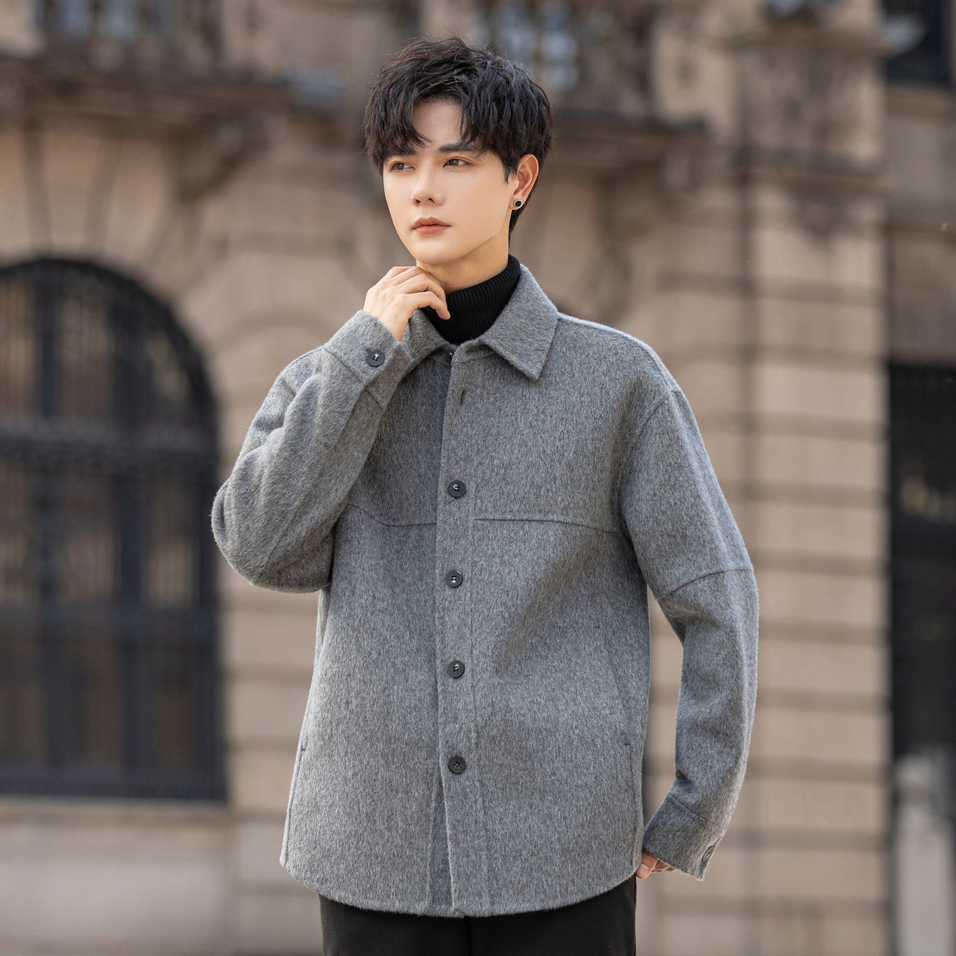 高端羊毛呢子外套男士翻领夹克2025新款秋冬短款双面绒大衣高级感,淘宝优惠券,粉丝福利购,淘宝优惠卷