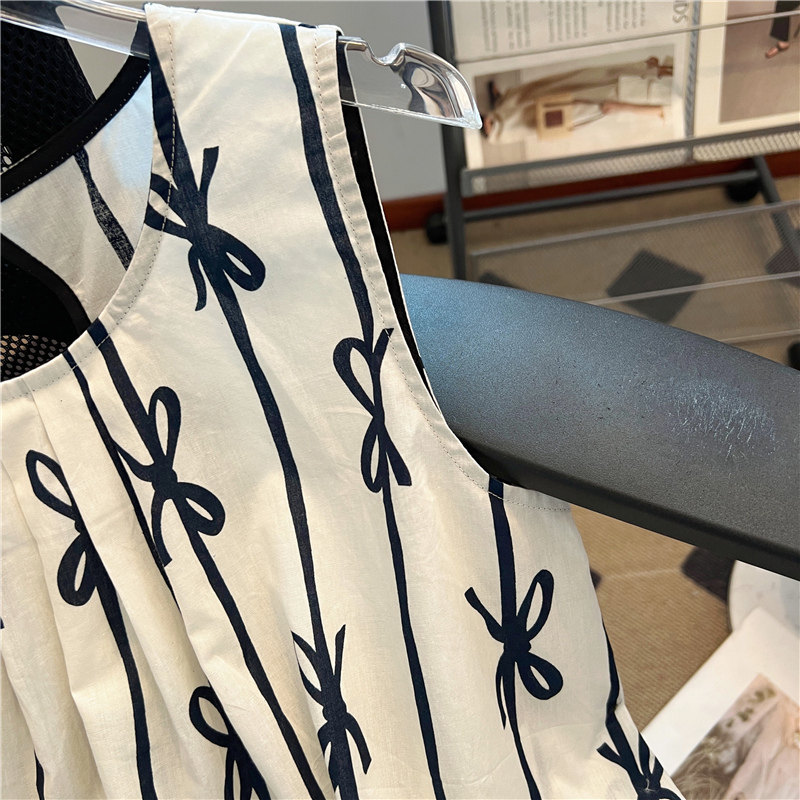 夏季新款韩版洋气压褶蝴蝶结印花甜美无袖背心娃娃衫女小众设计感,淘宝优惠券,粉丝福利购,淘宝优惠卷