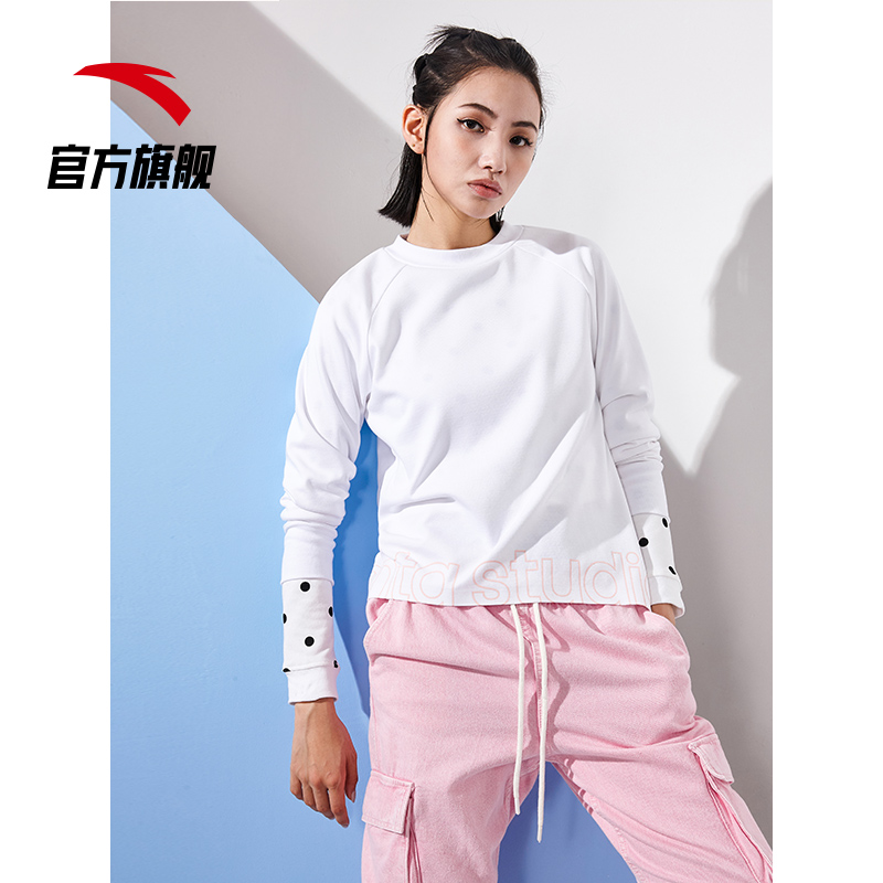 安踏官方网店安踏运动卫衣女士宽松春新款休闲针织上衣套头卫衣不规则字母3