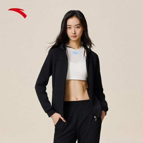 安踏针织挺括运动外套女春季跑步训练开衫卫衣连帽上衣162537715N - 图1