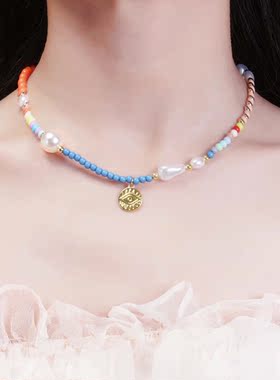 LUYUO彩虹圆牌串珠项链女彩色珠珠波西米亚锁骨链小众简约颈链