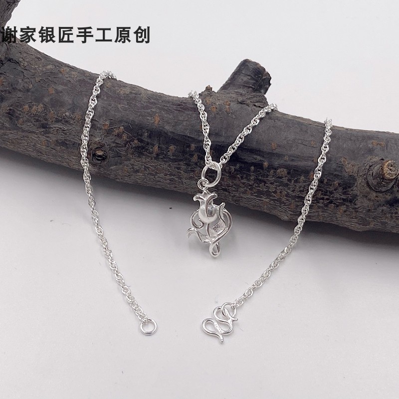 谢家银匠99银玫瑰花项链99足银女白玫瑰项坠链子 - 图3