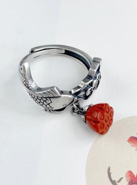 锦鲤南红莲蓬925银戒指女开口复古做旧中国风食指简约古典指环