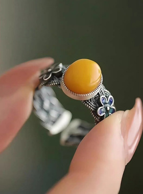 复古国风戒指女蜜蜡蛋面烧蓝做旧编织花朵开口指环古风国潮饰品