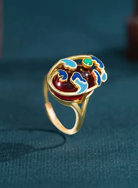 珐琅彩古法金蛋面红宝石原创国潮复古新中式旗袍开口可调节戒指女