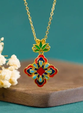 珐琅彩花蕊四叶草锁骨项链高级个性古法金女款吊坠七夕情人节送礼