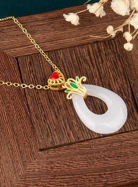 原创设计珐琅彩爱心和田玉水滴吊坠古法金项链国朝复古新中式女