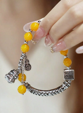 暴富招财猫手链女款新中式复古做旧小众弯管弹力绳手环中国风手串