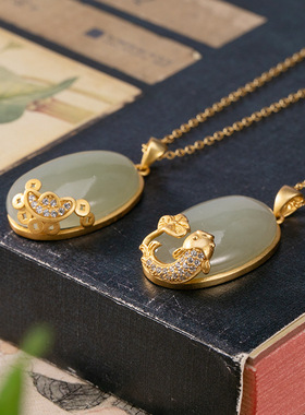 原创S925纯银高档金玉满堂和田玉青玉古风鲤鱼女士项链吊坠套链