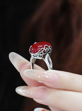 新中式小众红色蛋面祥云椭圆戒指女民族风高级感气质可调节指环