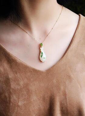 观音玉瓶925银天然和田玉柳枝吊坠中国风大气女款平安项链坠子