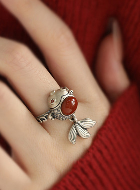 复古金鱼戒指女南红开口食指指环小众925银镂空民族国风首饰品