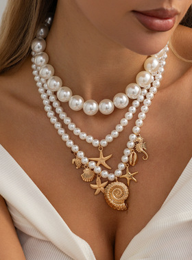 欧美精品饰品 夸张复古街拍珍珠necklace 度假风海星海螺吊坠项链