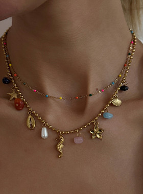 欧美精品饰品多巴胺甜酷ins珍珠吊坠项链 海洋风不锈钢海星锁骨链