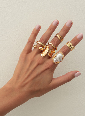 欧美精品巴洛克不规则波浪金属戒指套装 镂空褶皱珍珠花朵rings女