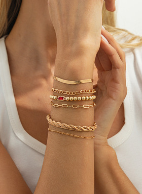 欧美精品饰品 嘻哈ins风个性麻花链手饰 金属感几何叠戴合金手链