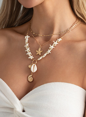 欧美精品饰品海洋风ins贝壳海螺吊坠项链 波西米亚海星串珠锁骨链