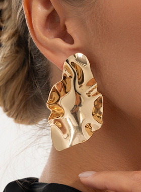 欧美精品雪柔饰品 嘻哈ins褶皱光面金属耳环 几何夸张耳饰Earring