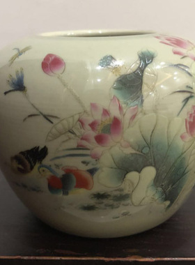 清同治粉彩荷花鸳鸯水洗水盂摆件