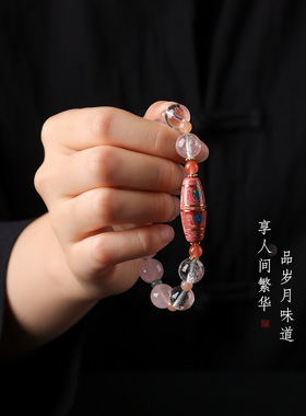 清新甜美手腕百搭小众轻奢女款非遗漆珠长筒珠绿幽灵水晶粉晶手串