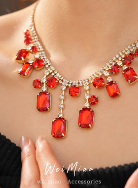 镶钻红色方形流苏项链复古时尚轻奢锁骨链小众感跨境饰品配饰