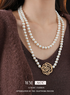 法式锆石花朵珍珠项链轻奢复古可叠带式毛衣链气质感百搭项饰