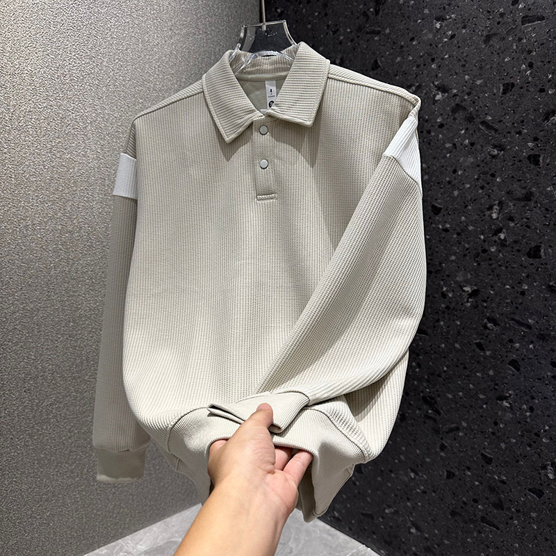 2025新款男士秋冬时尚打底潮牌Polo衫长袖T恤衫男生高街拼色卫衣 - 图1