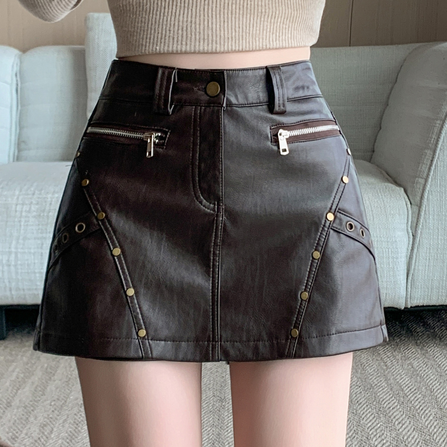 PU皮短裙裤女高温洗水美式复古辣妹风靴裤铆钉高腰显瘦包臀裙裤子,淘宝优惠券,粉丝福利购,淘宝优惠卷