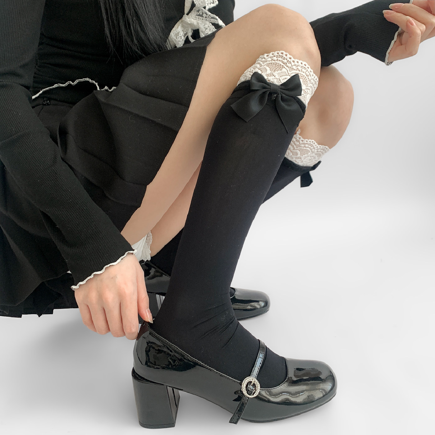 夜间教习室过膝丝袜女夏季薄款性感黑色长筒袜蕾丝花边拼接蝴蝶结,淘宝优惠券,粉丝福利购,淘宝优惠卷