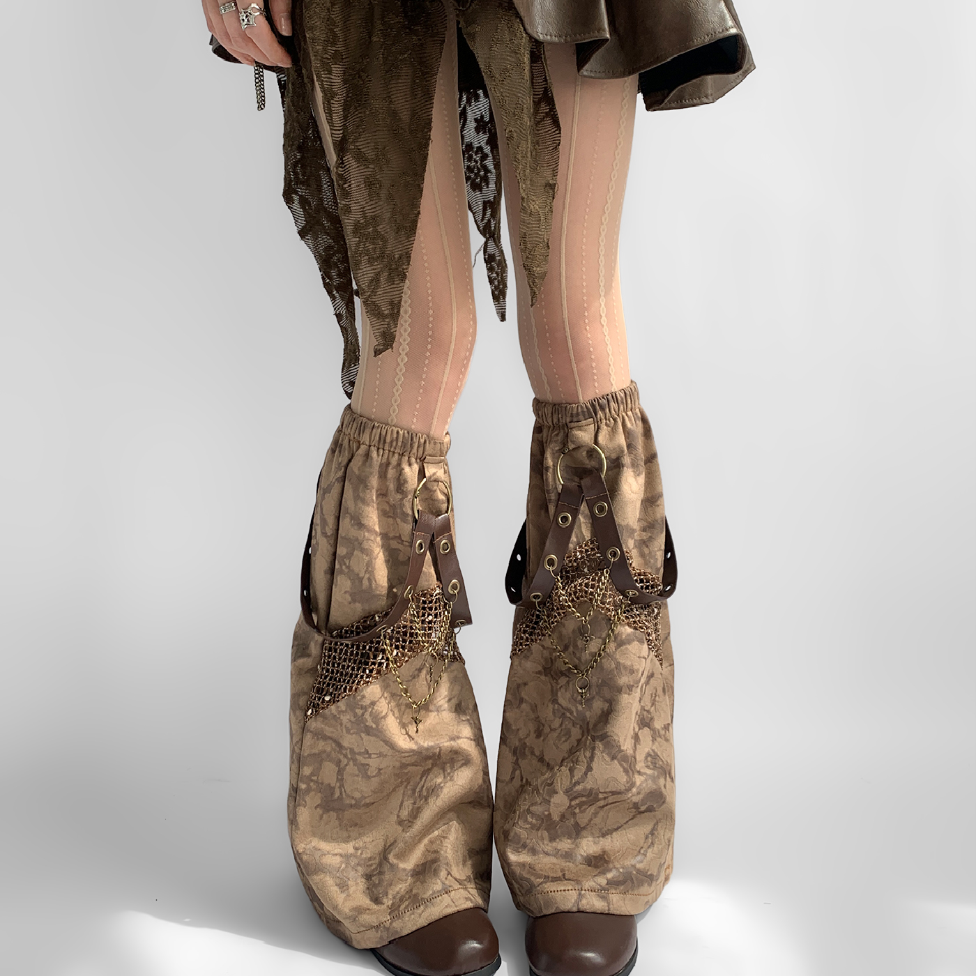 夜间教习室废土风袜套棕色夏季薄款喇叭型个性复古腿套Y2K亚文化 - 图1