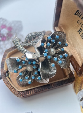 古董珠宝纯银花朵镶珍珠绿松石马克赛胸针，尺寸4.6*4.6cm重22克