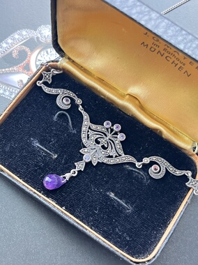 伦敦买回，维多利亚时期银镶马克赛石紫水晶古董一体链长42重9.5