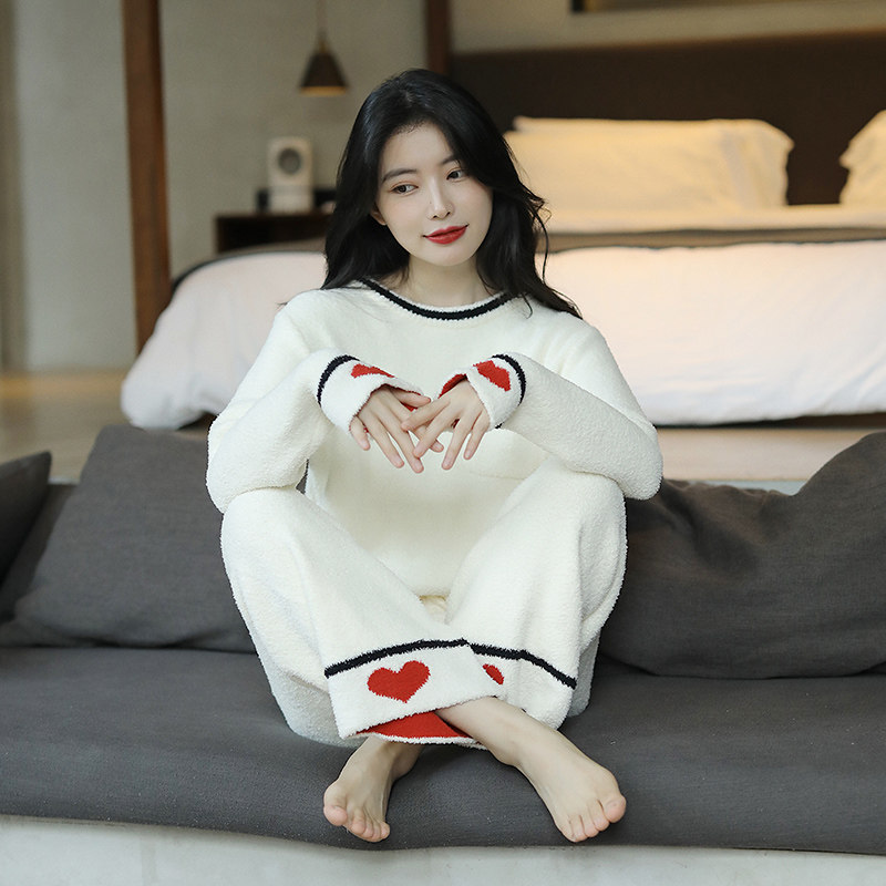 爱心珊瑚绒长袖可爱可外穿睡衣 耶臣睡衣/家居服套装