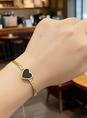 【通体钛钢】跨境简约黑色桃心罗马钛钢手链轻奢爱心心形蛇链手饰