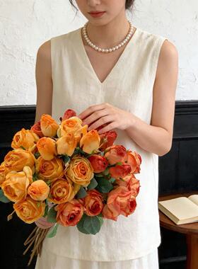 焦边玫瑰花假花仿真花感逼真家居客厅餐桌摆件婚庆插花装饰花