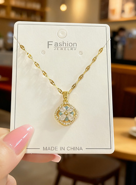 钛钢轻奢镂空镶锆石花朵项链 小众设计感几何方形蓝色滴油锁骨链