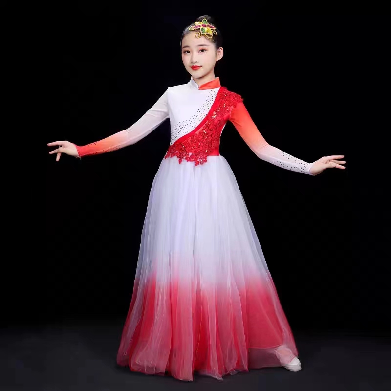 新款儿童灯火里的中国舞蹈演出服盛开万疆现代开场舞大摆裙纱裙女