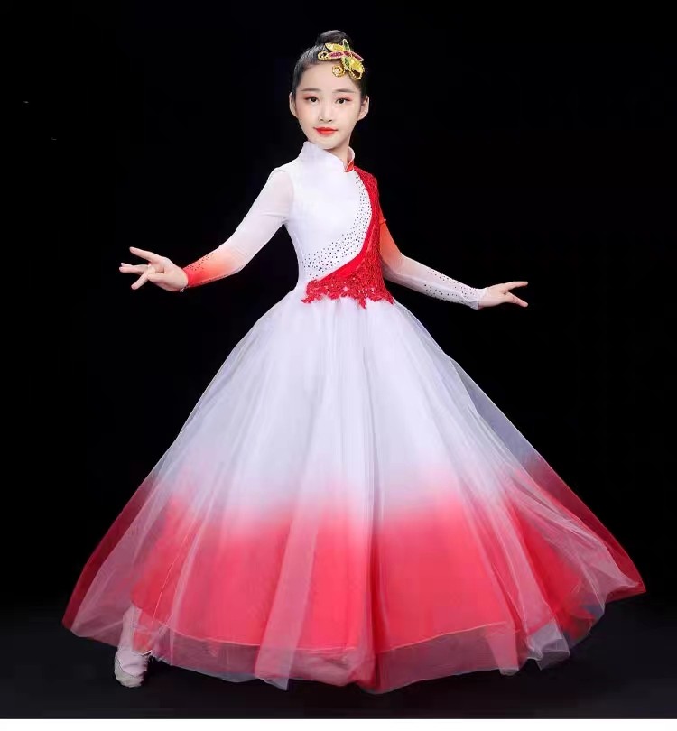 新款儿童灯火里的中国舞蹈演出服盛开万疆现代开场舞大摆裙纱裙女