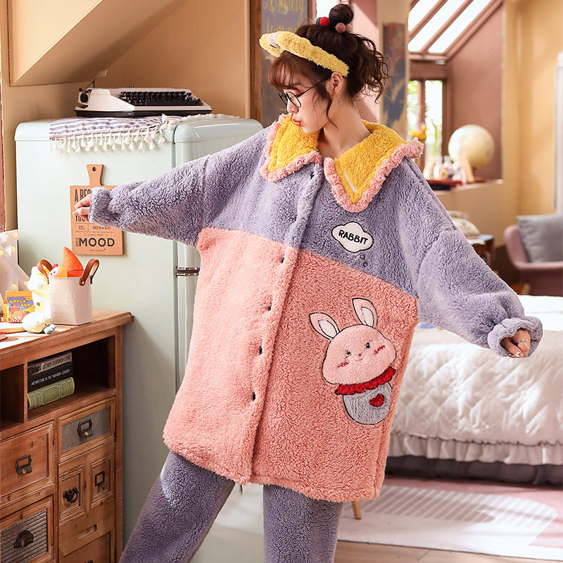 秋冬季法兰绒加绒长款可爱睡袍 淘之约睡衣/家居服套装