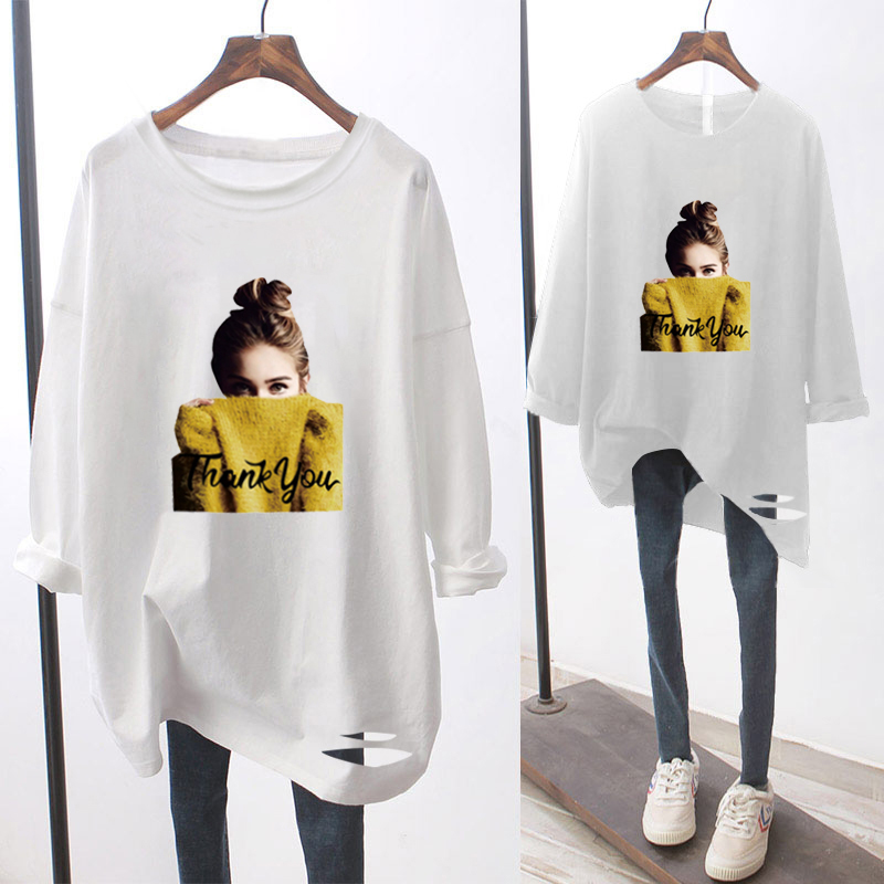 百搭宽松中长款白色内搭长袖打底衫 韩简娜T恤