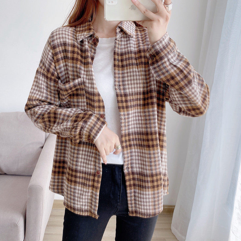 磨毛格子2020秋冬毛呢外套外穿衬衫 韩简娜衬衫