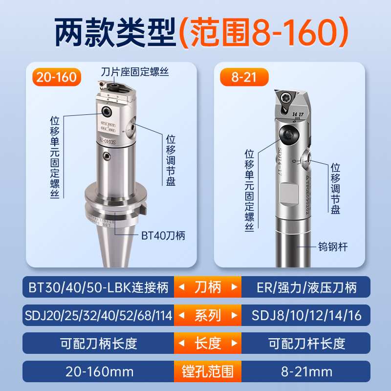 小孔径SDJ精镗刀微调头BT40加工中心镗刀直柄钨钢杆抗震8 10 12