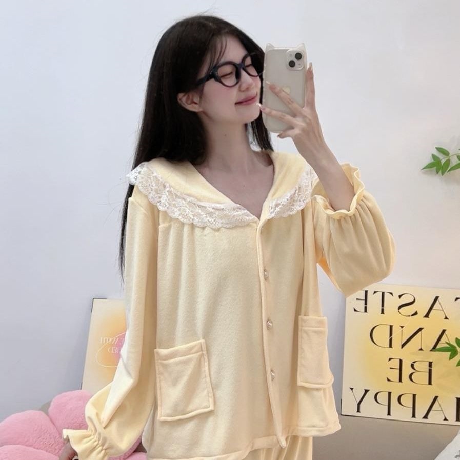 2025新款睡衣女秋冬娃娃领海岛绒女士睡衣套装简约款双面绒家居服 - 图3