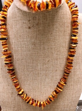 天然琥珀多宝碎石项链 手链 一套 项链60cm