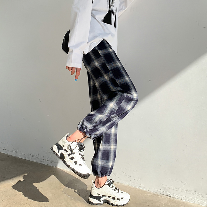 黑白格子裤子女春秋2021新款休闲裤 芝袖休闲裤